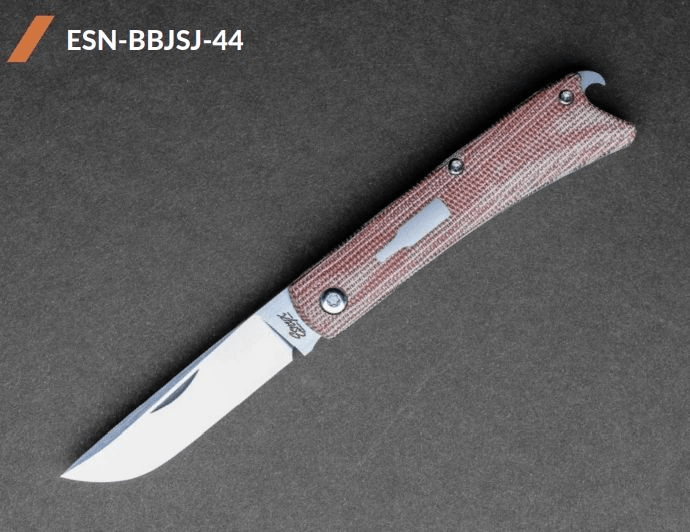 Esnyx Beer Buster Jr. Slip Joint with Brown Micarta over Blue G10 Inlay in M390 knives for sale